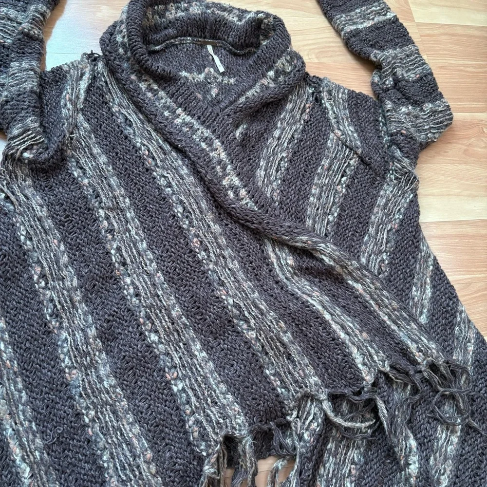 Free People Brown Wool/Mohair/Linen Fringe Cardigan Sweater Size Large Boho Chic